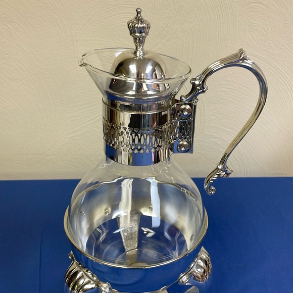 Vintage Kent Silversmith Glass Pitcher Carafe + Silver Pedestal Warmer Stand - Picture 4 of 13
